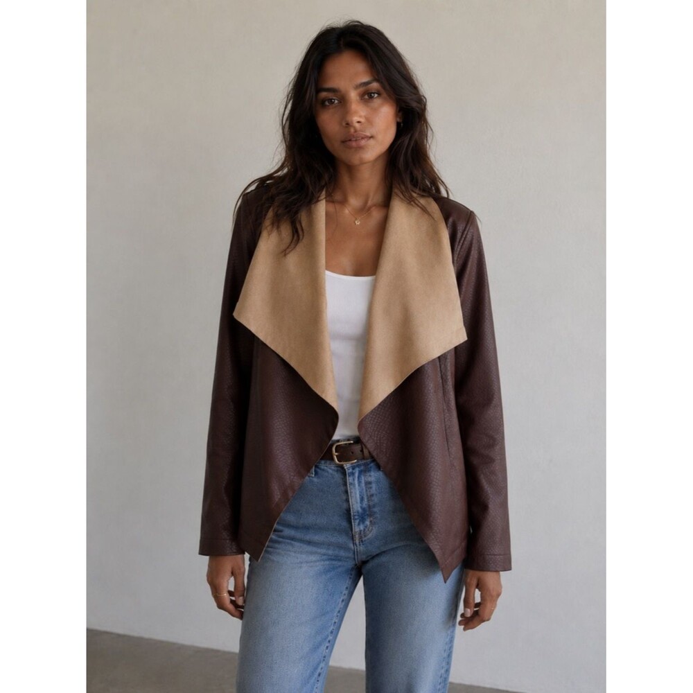 Tahari Brown Faux Leather Jacket Size Medium Draped Collar Open Front